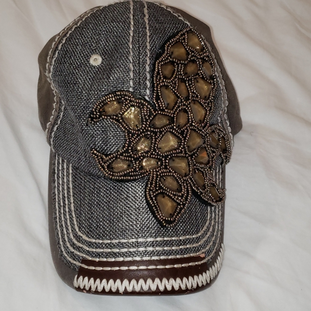 Distressed denim hat with jeweled design STILL AVAILABLE